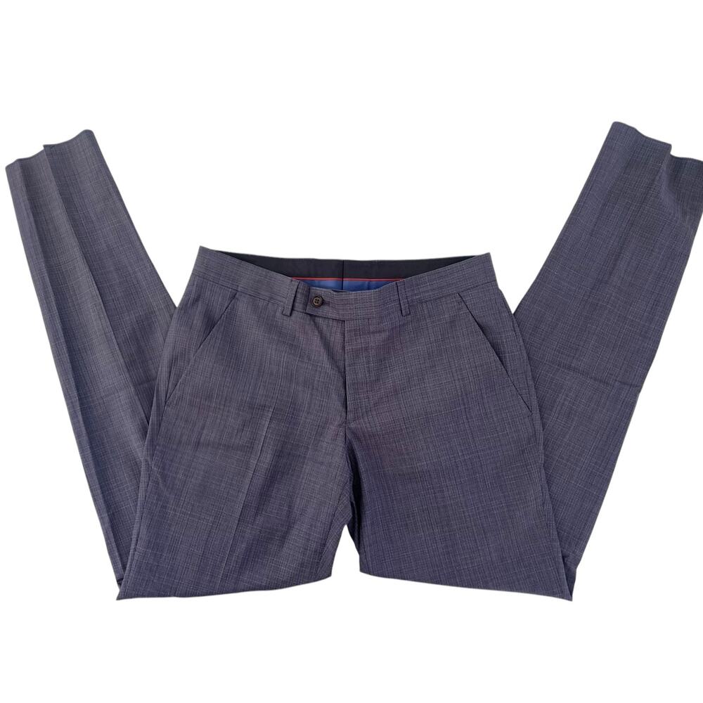 Ted Baker Karl Slim Fit 100% Wool Dress Pants, Micro Plaid Blue | 33 Short Unhem - Picture 4 of 14